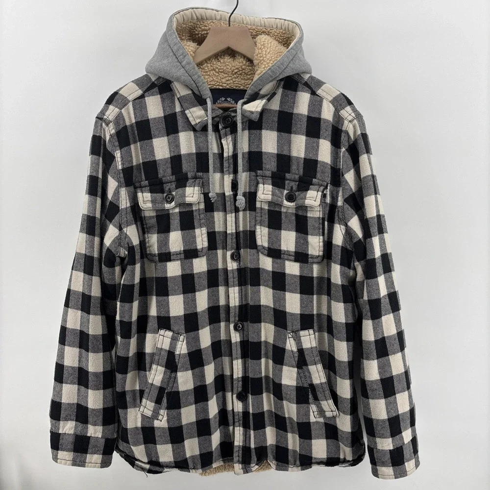 American Eagle Outfitters Flannel Jacket‎ Mens XL Plaid Sherpa Lined Hooded Y2K